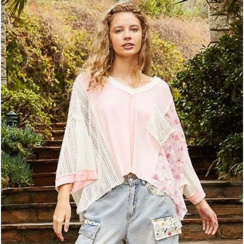POL Top Womens L Floral Crochet Knit Patchwork Boho Oversized Hippie Whimsigoth
